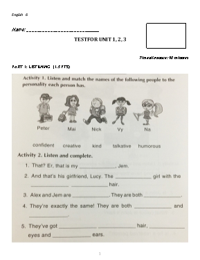 Đề kiểm tra Unit 1, 2, 3 môn Tiếng Anh Lớp 6
