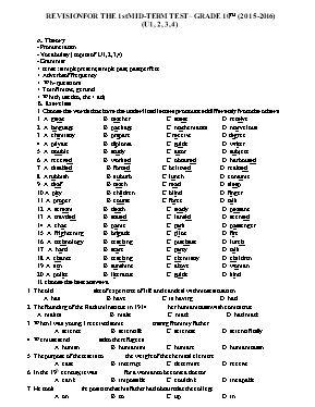 Đề ôn tập giữa học kỳ I môn Tiếng Anh Lớp 10 - Năm học 2015-2016