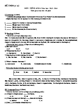 Đề thi học kì I môn Tiếng Anh Lớp 6 - Năm học 2015-2016 (Có đáp án)