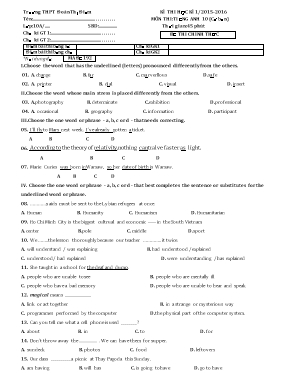 Đề thi học kỳ I môn Tiếng Anh Lớp 10 (Cơ bản) - Năm học 2015-2016 - Trường THPT Đoàn Thị Điểm (Có đáp án)