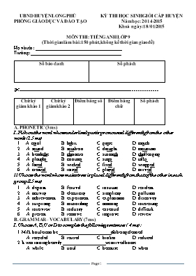 Đề thi học sinh giỏi cấp huyện môn Tiếng Anh Lớp 9 - Năm học 2014-2015 - Phòng GD & ĐT Long Phú (Có đáp án)