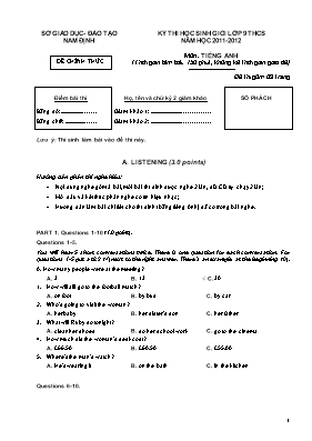 Đề thi học sinh giỏi môn Tiếng Anh Lớp 9 - Năm học 2011-2012 - Sở GD & ĐT Nam Định (Có đáp án)