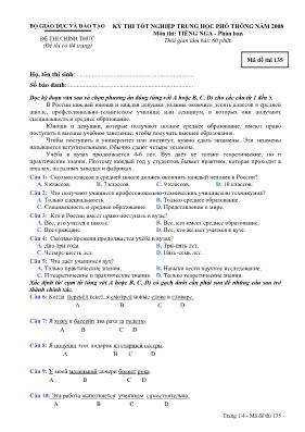 Đề thi Tốt nghiệp THPT môn Tiếng Nga (Phân ban) năm 2008 - Mã đề 135