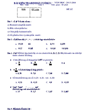 2 Đề kiểm tra định kỳ cuối học kỳ 1 môn Toán Lớp 5 - Năm học 2013-2014