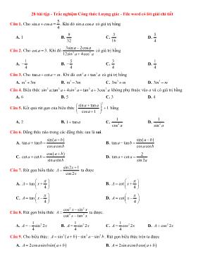 28 Bài tập trắc nghiệm Công thức lượng giác