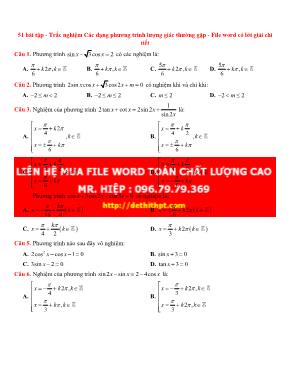 51 Bài tập trắc nghiệm Các dạng phương trình lượng giác thường gặp
