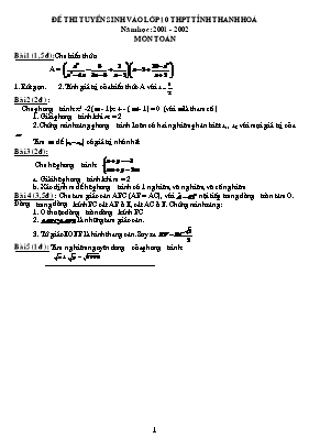 Bộ đề thi tuyển sinh vào Lớp 10 THPT môn Toán tỉnh Thanh Hóa