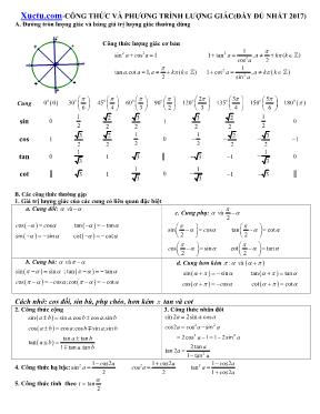 Công thức và phương trình lượng giác Lớp 11