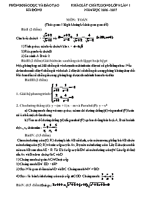 Đề khảo sát chất lượng lần 1 môn Toán Lớp 9 - Năm học 2016-2017 - Phòng GD & ĐT Hà Đông
