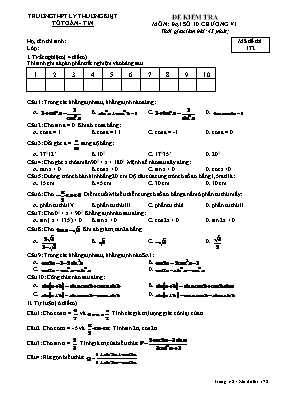 Đề kiểm tra 1 tiết Chương VI môn Đại số 10 - Mã đề 172 - Trường THPT Lý Thường Kiệt