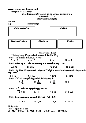Đề kiểm tra chất lượng học kỳ I môn Toán Lớp 5 - Năm học 2015-2016 - Trường TH Giao Hương (Có đáp án)