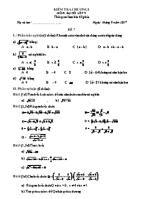 Đề kiểm tra Chương I môn Đại số Lớp 9 - Đề 7 - Năm học 2017-2018 (Có đáp án)