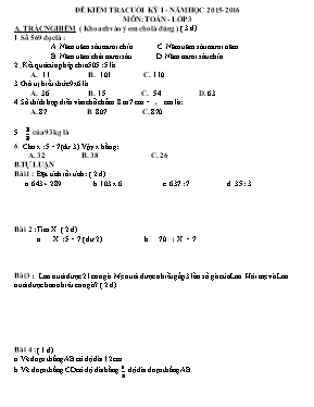 Đề kiểm tra cuối học kì 1 môn Toán Lớp 3 - Năm học 2015-2016