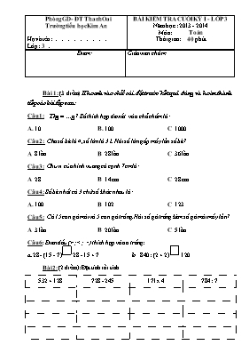 Đề kiểm tra cuối học kì 1 môn Toán + Tiếng Việt Lớp 3 - Năm học 2013-2014 - Trường TH Kim An
