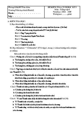 Đề kiểm tra cuối học kỳ I môn Tiếng Việt Lớp 4 - Năm học 2014-2015 - Trường Tiểu học Sính Phình 2 (Có đáp án)