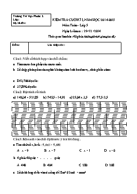 Đề kiểm tra cuối học kỳ I môn Toán Lớp 5 - Năm học 2014-2015 - Trường TH Vạn Phước 2 (Có đáp án)