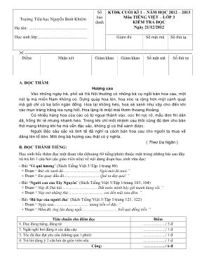 Đề kiểm tra định kỳ cuối học kỳ I môn Toán + Tiếng Việt Lớp 3 - Năm học 2012-2013 - Trường Tiểu học Nguyễn Bỉnh Khiêm (Có đáp án)