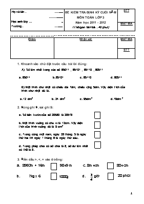 Đề kiểm tra định kỳ cuối năm môn Toán Lớp 3 - Năm học 2011-2012 (Có đáp án)