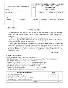 Đề kiểm tra định kỳ giữa học kỳ I môn Toán + Tiếng Việt Lớp 3 - Năm học 2012-2013 - Trường Tiểu học Nguyễn Bỉnh Khiêm (Có đáp án)