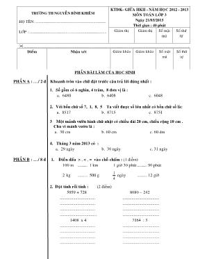 Đề kiểm tra định kỳ giữa học kỳ II môn Toán + Tiếng Việt Lớp 3 - Năm học 2012-2013 - Trường Tiểu học Nguyễn Bỉnh Khiêm (Có đáp án)