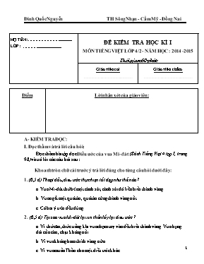 Đề kiểm tra học kỳ 1 môn Tiếng Việt Lớp 4 - Năm học 2014-2015