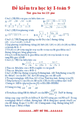 Đề kiểm tra học kỳ 1 môn Toán Khối 9