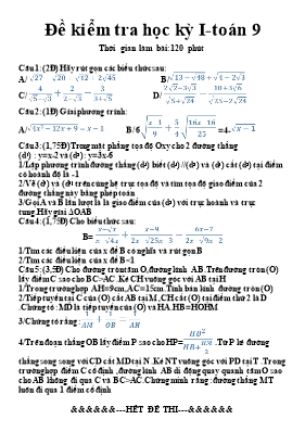 Đề kiểm tra học kỳ 1 môn Toán Lớp 9 (Có đáp á