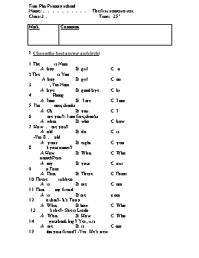 Đề kiểm tra học kỳ I môn Tiếng Anh Lớp 3 - Trường TH Trần Phú