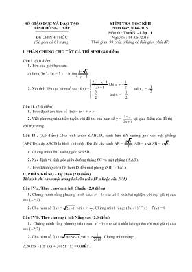 Đề kiểm tra học kỳ II môn Toán Lớp 11 - Năm học 2014-2015 - Sở GD & ĐT Đồng Tháp