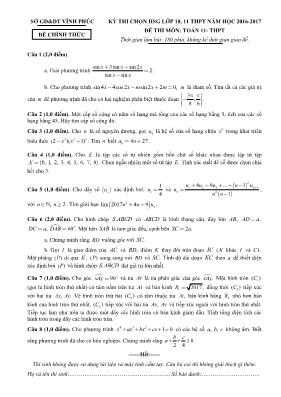 Đề thi chọn học sinh giỏi môn Toán Lớp 11 - Năm học 2016-2017 - Sở GD & ĐT Vĩnh Phúc (Có đáp án)