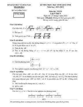 Đề thi chọn học sinh giỏi tỉnh môn Toán Lớp 9