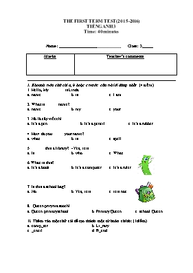 Đề thi học kỳ 1 môn Tiếng Anh Lớp 3 - Năm học 2015-2016