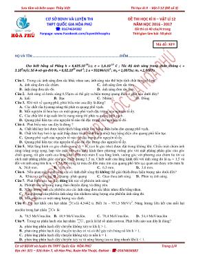 Đề thi học kỳ II môn Vật lý Lớp 12 - Mã đề 819 - Năm học 2016-2017