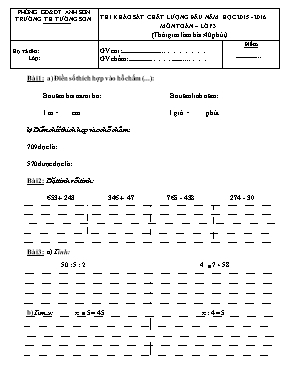 Đề thi khảo sát chất lượng đầu năm môn Toán Lớp 3 - Năm học 2015-2016 - Trường Tiểu học Tường Sơn