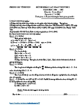 Đề thi khảo sát giáo viên THCS môn Toán Lớp 7 - Năm học 2004-2005 - Phòng GD & ĐT Vĩnh Yên (Có đáp án)