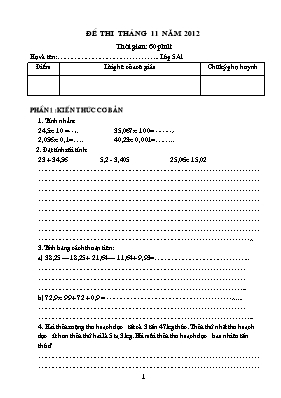 Đề thi Tháng 11 môn Toán Khối 5