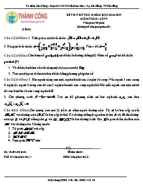 Đề thi thử vào Lớp 10 môn Toán - Năm học 2016