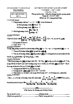 Đề thi tuyển sinh Lớp 10 THPT môn Toán - Đề A - Năm học 2017-2018 - Sở GD & ĐT Thanh Hóa (Có đáp án)