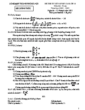 Đề thi tuyển sinh Lớp 10 THPT môn Toán - Năm học 2012-2013 - Sở GD & ĐT Hà Nội (Có đáp án)