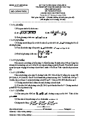 Đề thi tuyển sinh vào Lớp 10 THPT chuyên Hoàng Văn Thụ môn Toán (Dành cho chuyên Toán) - Năm học 2016-2017 - Sở GD & ĐT Hòa Bình (Có đáp án)