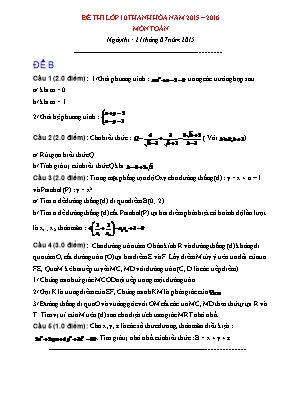 Đề thi tuyển sinh vào Lớp 10 THPT chuyên môn Toán - Đề B - Năm học 2015-2016 (Có đáp án)