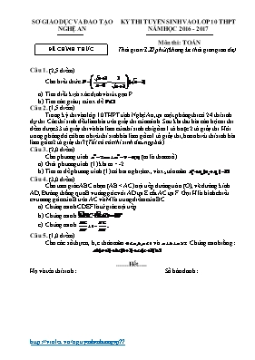 Đề thi tuyển sinh vào Lớp 10 THPT môn Toán - Năm học 2016-2017 - Sở Giáo dục và Đào tạo Nghệ An (Có đáp án)