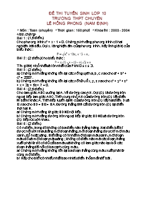 Đề thi tuyển sinh vào Lớp 10 THPT môn Toán - 