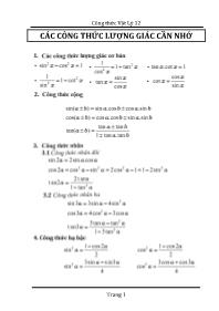 Công thức Vật lý 12 - Các công thức lượng giác cần nhớ Công thức Vật lý 12 - Các công thức lượng giác cần nhớ