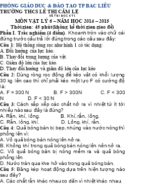 Đề thi học kỳ II môn Vật lý Lớp 6 - Năm học 2014-2015 - Trường THCS Lê Thị Cẩm Lệ