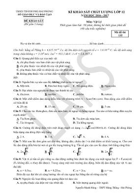 Đề thi khảo sát chất lượng môn Vật lý Lớp 12 