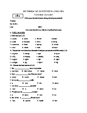 2 Đề thi học kỳ II môn Tiếng Anh Lớp 6 - Năm