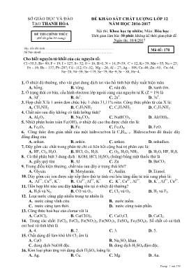 Đề khảo sát chất lượng môn Hóa học Lớp 12 - Mã đề 170 - Năm học 2016-2017 - Sở GD & ĐT Thanh Hóa