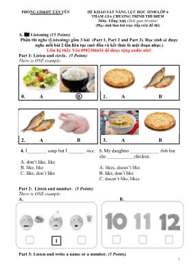 Đề khảo sát năng lực học sinh Lớp 6 tham gia chương trình thí điểm môn Tiếng Anh - Phòng GD & ĐT Tân Yên