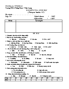 Đề kiểm tra 15 phút môn Sinh học Lớp 7 - Năm học 2016-2017 - Trường THCS Thắng Thủy
